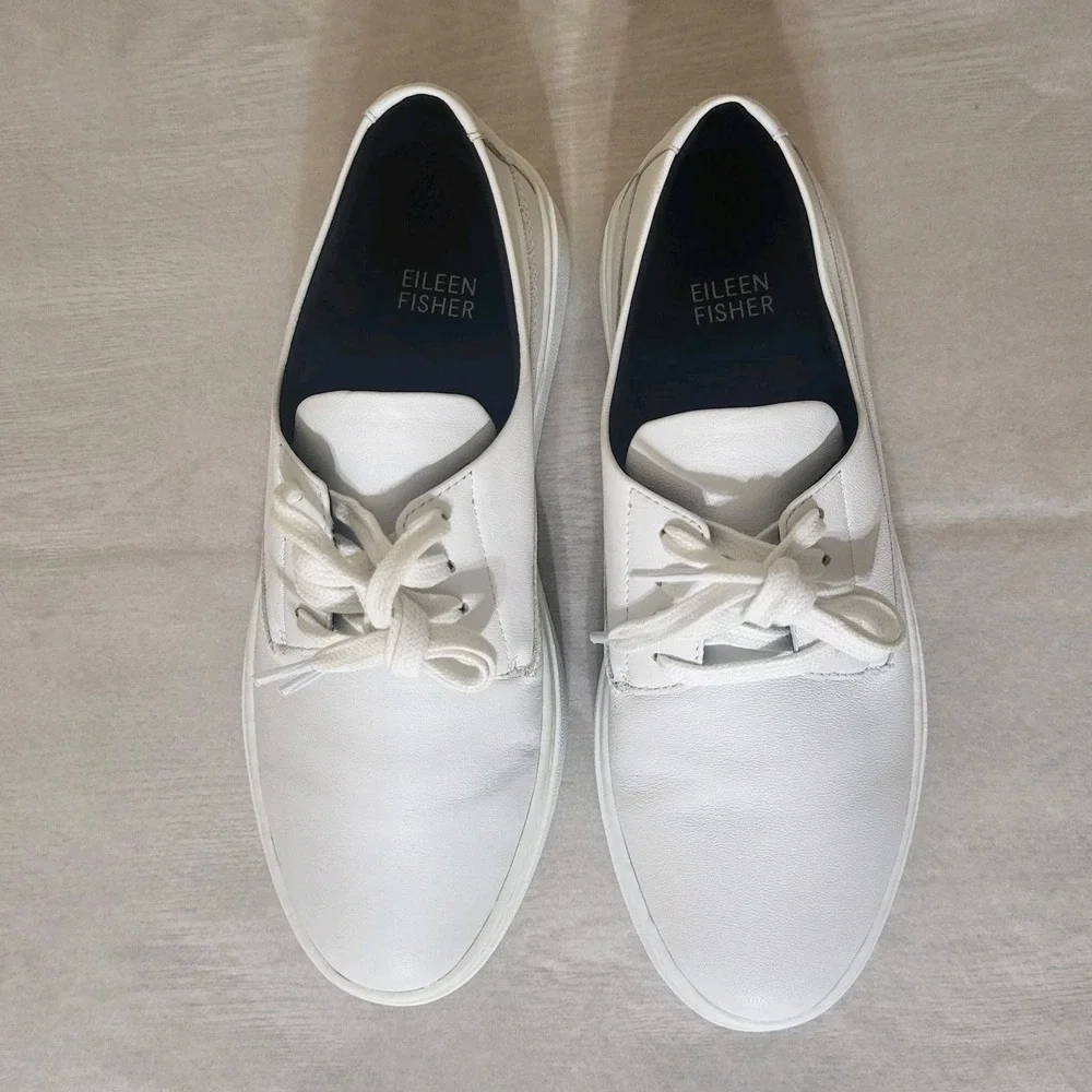 Eileen Fisher White Leather Lace Up Platform Sneakers Cushioned Womens Sz 6.5M